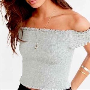 Urban Outfitters Kimchi Blue Large Grey off the Shoulder Smocked Crop Top